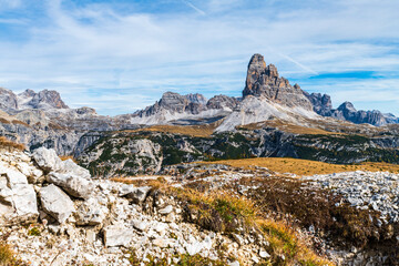 Autumn panorama on Monte Piana. View from the trenches to the three peaks of Lavaredo. Dolomites.