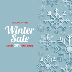 Winter sale off template with paper cut snowflakes