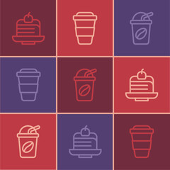 Set line Piece of cake, Iced coffee and Coffee cup to go icon. Vector