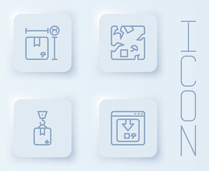 Set line Cardboard box measurement, Broken cardboard, Crane with and Online app delivery tracking. White square button. Vector