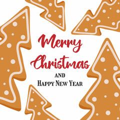 Hand-drawn illustration of gingerbread tree. Christmas card. Christmas template for text.