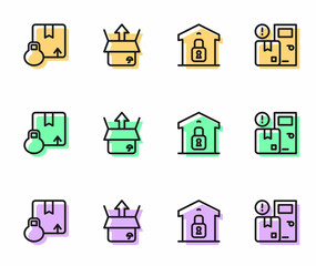 Set line Closed warehouse, Carton cardboard box, Unboxing and Home delivery services icon. Vector