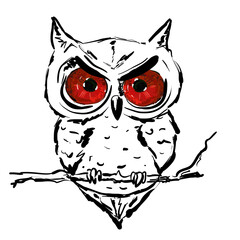 Owl sitting on a branch . Hand Drawn Sketch Vector .