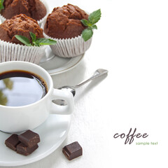 Morning coffee with chocolate muffins on the white background