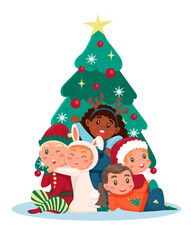 a group of children posing near the Christmas tree in costumes of elf, deer, hare, rabbit and santa claus. poster, banner, christmas party, new years eve.