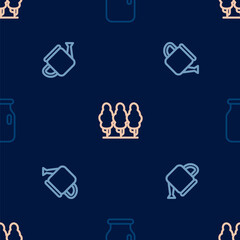 Set line Glass jar with screw-cap, Watering can and Fruit trees on seamless pattern. Vector