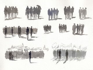 Set of abstract people sketched in watercolor 
