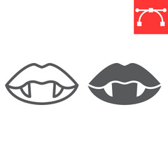 Vampire lips line and glyph icon, holiday and halloween, vampire teeth vector icon, vector graphics, editable stroke outline sign, eps 10.