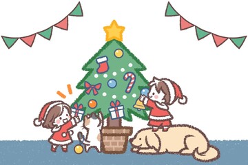 クリスマスツリーと子供と動物たちのクリスマスカード
