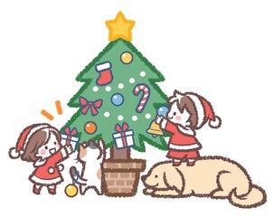クリスマスツリーと子供と動物たち