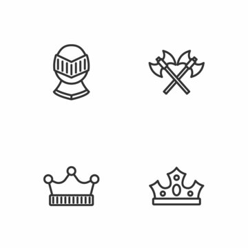 Set line King crown, Medieval helmet and Crossed medieval axes icon. Vector