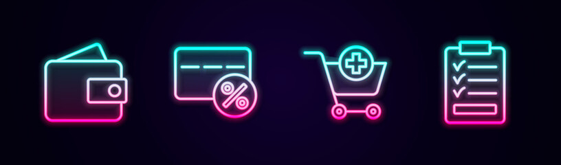 Set line Wallet, Discount card with percent, Add to Shopping cart and Clipboard checklist. Glowing neon icon. Vector © Iryna