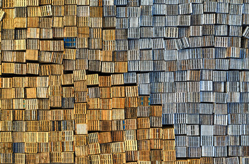 Aerial top-down view blocks of the wooden pallet in a factory