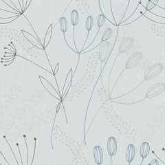 Plant drawing of stems and seeds on a gray background. Seamless pattern.