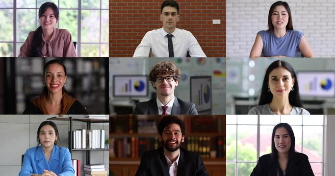 Screenshot video, diverse group of businesspeople participated in online seminars or conference, raise a hand to greet colleagues and listen to speaker and nod head with clear understanding action.