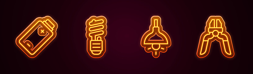 Set line Battery charge, LED light bulb, Lamp hanging and Pliers tool. Glowing neon icon. Vector