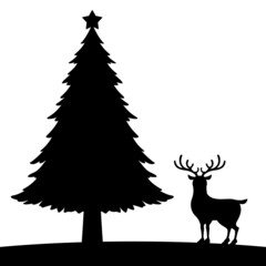 トナカイともみの木のシルエットイラスト
