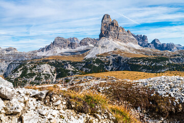 Autumn panorama on Monte Piana. View from the trenches to the three peaks of Lavaredo. Dolomites.