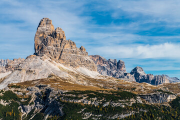 Autumn panorama on Monte Piana. View from the trenches to the three peaks of Lavaredo. Dolomites.