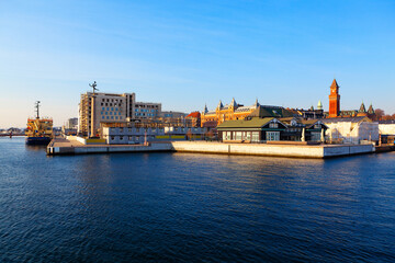 Fototapeta na wymiar Helsingborg city in Sweden view from the Sea . Swedish coast and Oresund Strait 