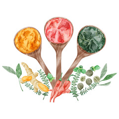 カレースパイス3種類の手書き水彩風イラスト
