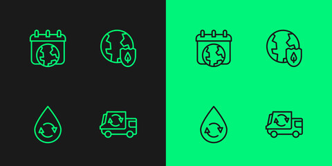Set line Garbage truck, Recycle clean aqua, World Earth day and with shield icon. Vector