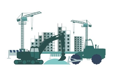 Obraz na płótnie Canvas Construction of a new building. Silhouette. Cranes and Tractors. Modern technologies and equipment. Isolated on white background illustration vector
