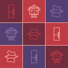Set line Refrigerator, Rolling pin on dough and Cooking pot fire icon. Vector