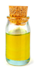 small glass bottle with olive oil isolated on white background