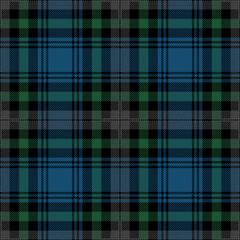 Blue, green and black tartan plaid. Scottish pattern fabric swatch close-up. 