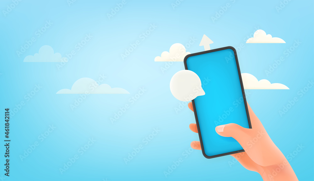 Poster Man using modern smartphone with empty screen. Banner with copy space