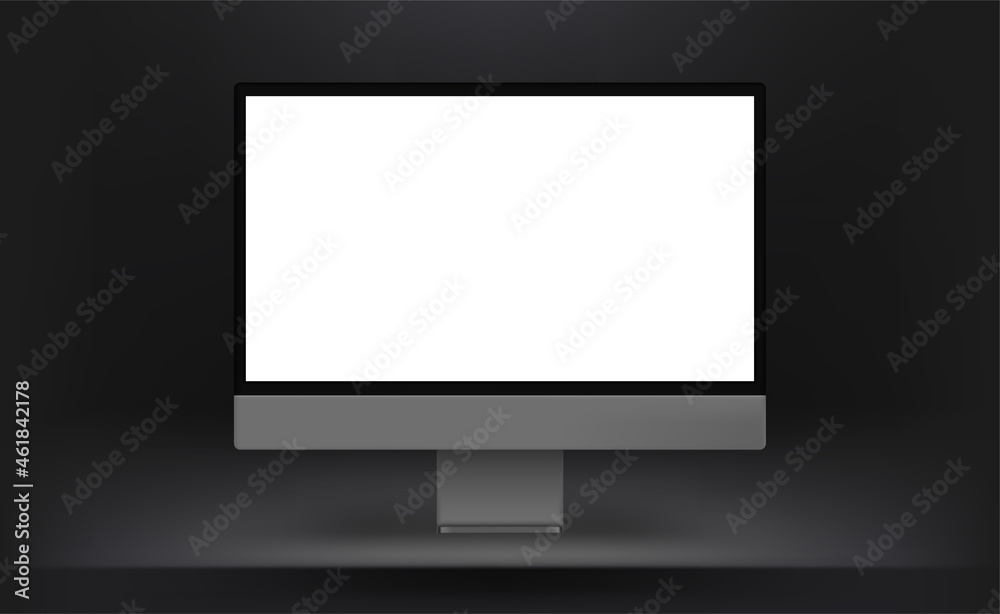 Poster Dark interior with blank computer screen. Vector mocku