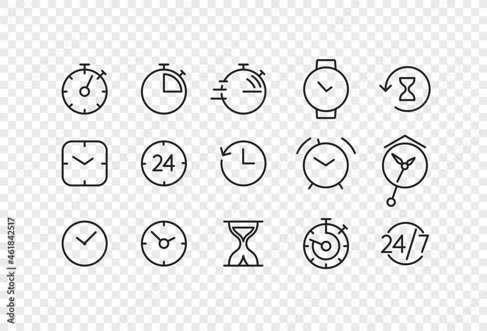 Poster Thin line linear time pictograms set isolated on transparent background