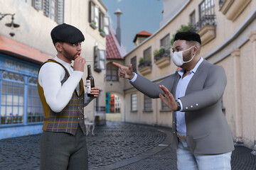 街中で飲酒しながら煙草を吸う若い男性を注意する小太りのマスクをした男性 - obrazy, fototapety, plakaty