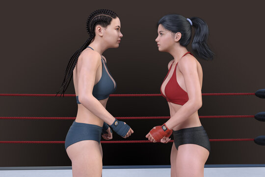 総合格闘技で戦うコーンロウヘアの女性とポニーテールの女の子