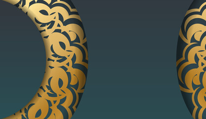 Greeting card template with gradient green color with vintage gold pattern prepared for printing.