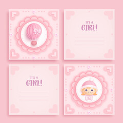 Set of baby shower invitation with cartoon hot air balloon and flowers on pink background. It's a girl. Vector illustration