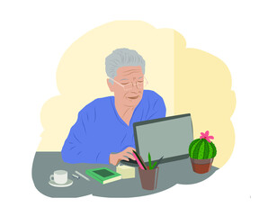 Fototapeta na wymiar Happy grandfather with laptop. An elderly man is studying modern technologies using a laptop. 