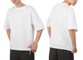 Young man in blank oversize t-shirt mockup front and back used as design template, isolated on...