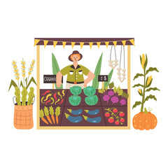 A farmer sells vegetables at Stall counters