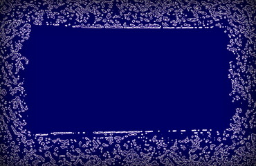 Blue frame with snowflakes. Vintage background with decorative frame. Dark blue and purple backdrop. Cool stylish contemporary art. Trendy abstract web design of banner. Grungy oriental style antique 