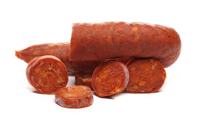 Fermented semi-hard dried spicy sausage slices, pig meat isolated on white background