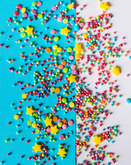 Blue minimalistic background. Postcard, festive solid color background with wonderful decor. Card with copy space for text.	