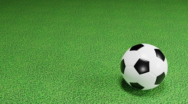 Traditional soccer ball on the football field,Soccer football field grass line ball, 3d illustration.