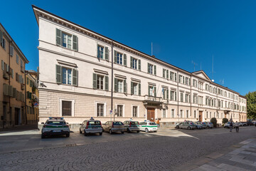 Fototapeta na wymiar Cuneo, Piedmont, Italy - October 6, 2021: Via Roma (Rome Street), building with the municipal police headquarters, Auditorum San Giovanni and municipal offices