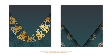 Greeting Brochure template with gradient green color with greek gold ornaments for your design.