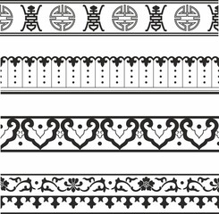 Vector set of monochrome Chinese national ornaments, borders. Asian seamless, endless pattern
