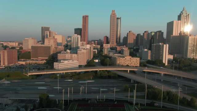 Aerial Timelapse: Atlanta City Skyline And Freeway Traffic. Georgia, USA