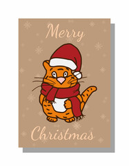 Christmas card with a merry Tiger in a Santa hat. Vector illustration in doodle style with congratulations. Postcard, banner, tag, invitation.