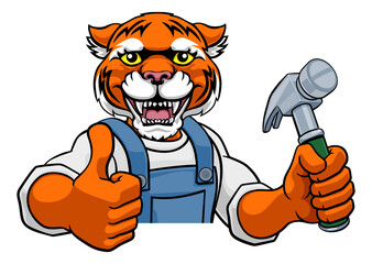 Tiger Carpenter Handyman Builder Holding Hammer